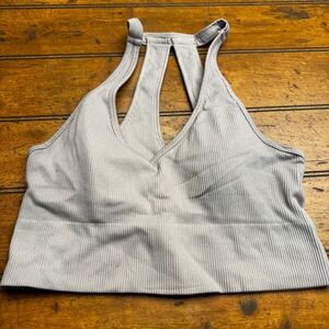 All in Motion Womens Ribbed Seamless V-Neck Racerback Sports Bra Crop Top Grey L